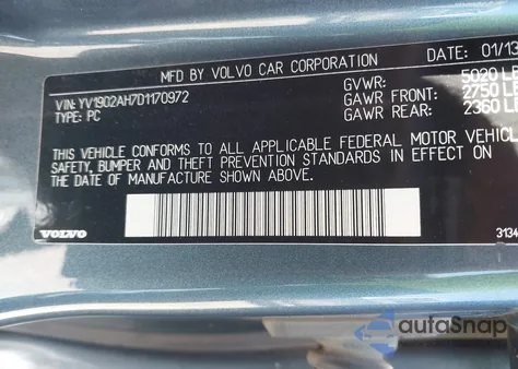 2013 Volvo S80 T6 from USA, damaged, VIN YV1902AH7D1170972
